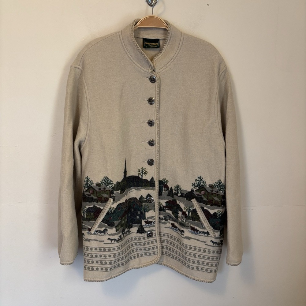 Geiger‎ of Austria Boiled Wool Jacket Coat US 10 EU 42  Winter Graphic Christmas
